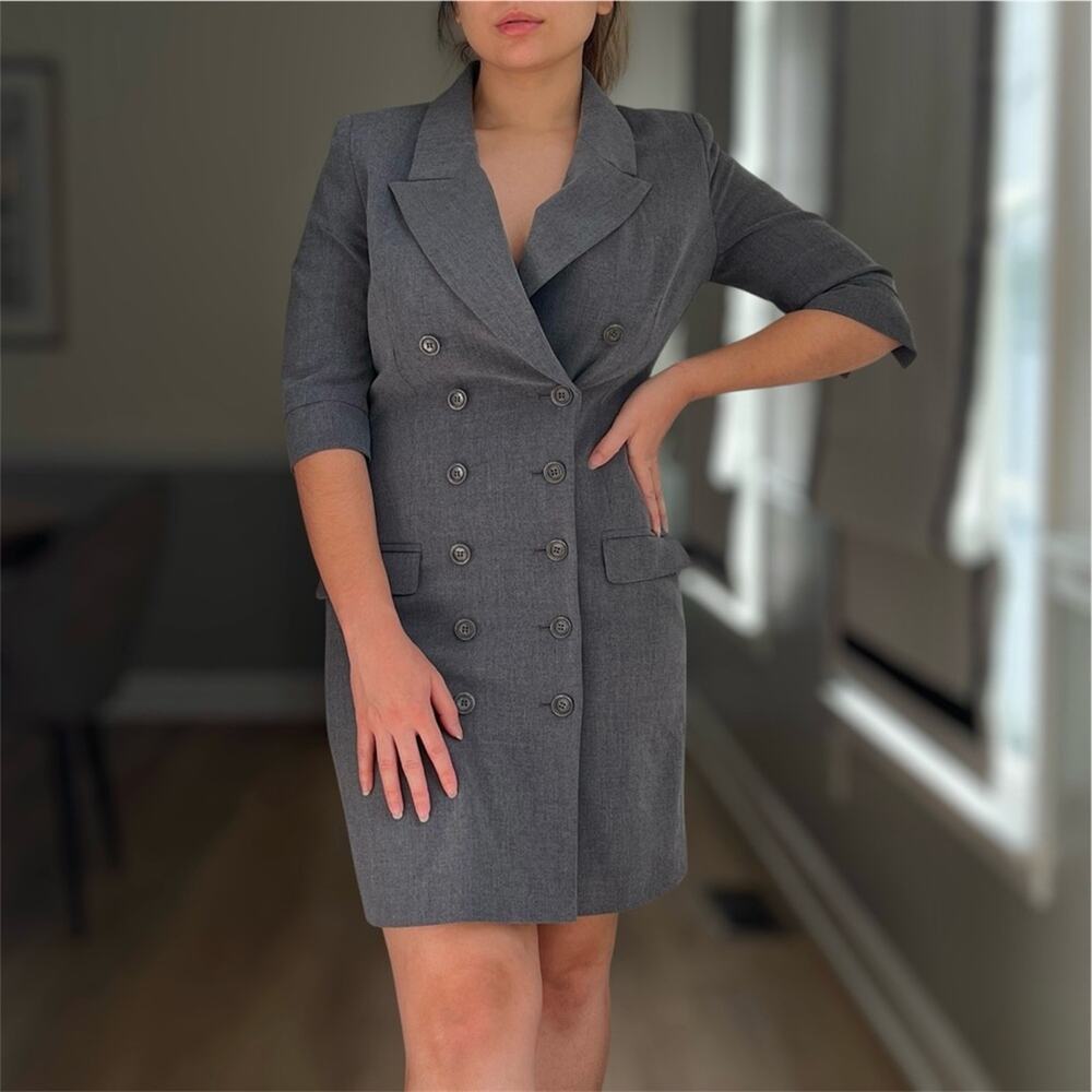 Venus Gray Double-Breasted Blazer Dress 6 Preppy Office